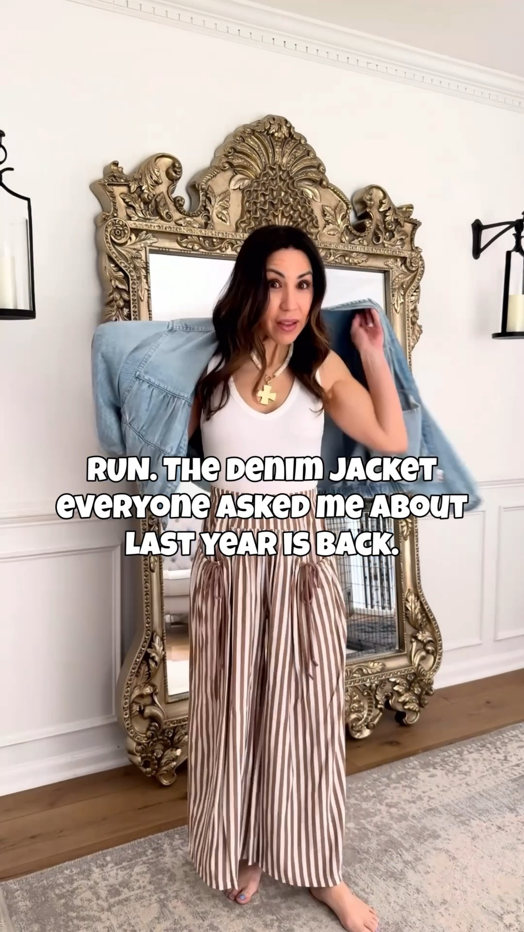 Anyone remember this denim jacket? My favorite from last year that sold out so quickly. BUT she’s back! Different from every other dental jacket in my closet and literally goes with everything. I’ve also tried the look for less version but it just doesn’t compare. This one is so worth the splurge. 

Jewelry code HOUSEOFLEO20. Denim jacket XS. Striped pants small.  White V-neck tank top small. Sandals TTS ￼

#LTKOver40 #LTKPetite