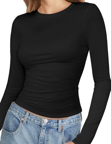 Womens Basic Casual Crop Tops White Black Long Sleeves Slim Tees Crew Neck T Shirts Plain Going Out Y2k Plain | Amazon (US)