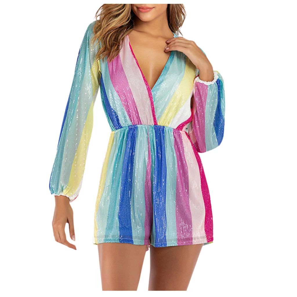 asdoklhq Womens Jumpsuits and Rompers,V Neck Lantern Sleeve Multicolor Striped Sequin Short Rompe... | Walmart (US)