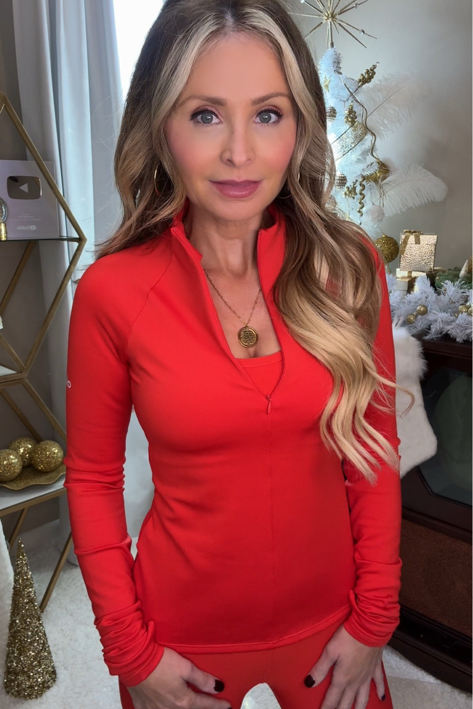 Wearing my Christmas gift a little early. Three of my favorite things in one. Red + athleisure + matching set  Jacket is XS. I tried on S but the arms were way too long  Sports bra is S. Pants are XS. 

#LTKHoliday #LTKGiftGuide #LTKfitnessgoals