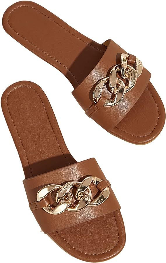 GORGLITTER Women's Chain Glitter Flat Sandals Open Toe Dressy Summer Flat Metallic Slide Sandal S... | Amazon (US)