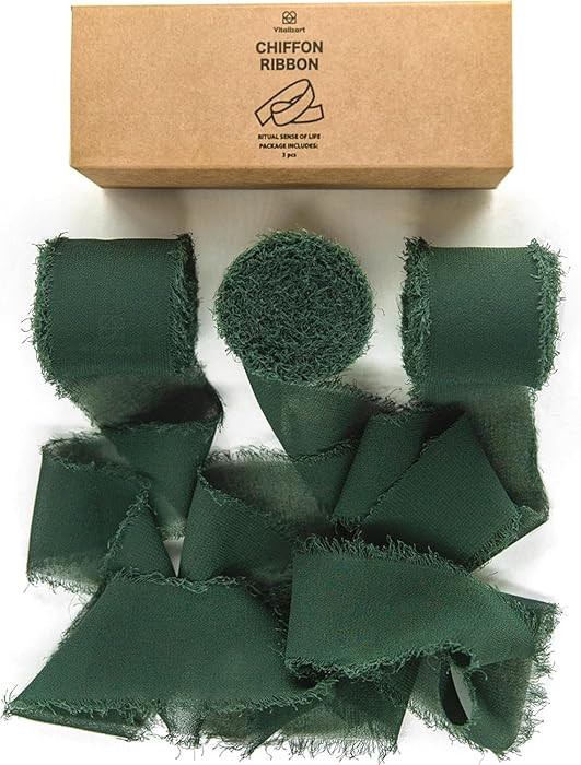 Vitalizart Dark Green Handmade Chiffon Silk Ribbon Fringe 3 Rolls 1.5" x 21 Yd Frayed Edges Ribbo... | Amazon (US)