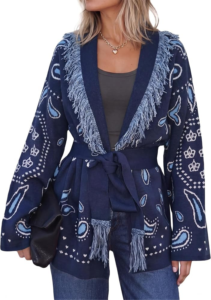 Cicy Bell Womens Fringe Cardigan Printed Long Sleeve V Neck Belt Sweaters | Amazon (US)