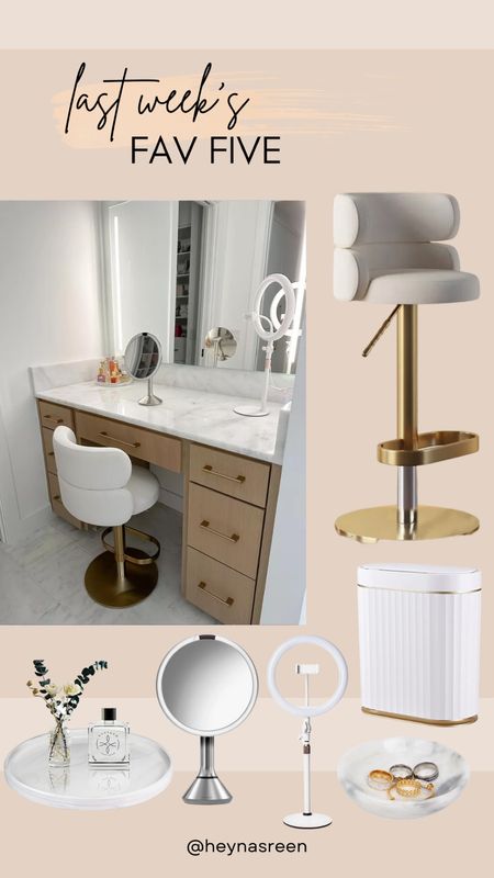 Fav 5 featuring Homary bar stool, Amazon trash can, Amazon marble tray, Ring light & simplehuman sensor mirror 

#LTKhome