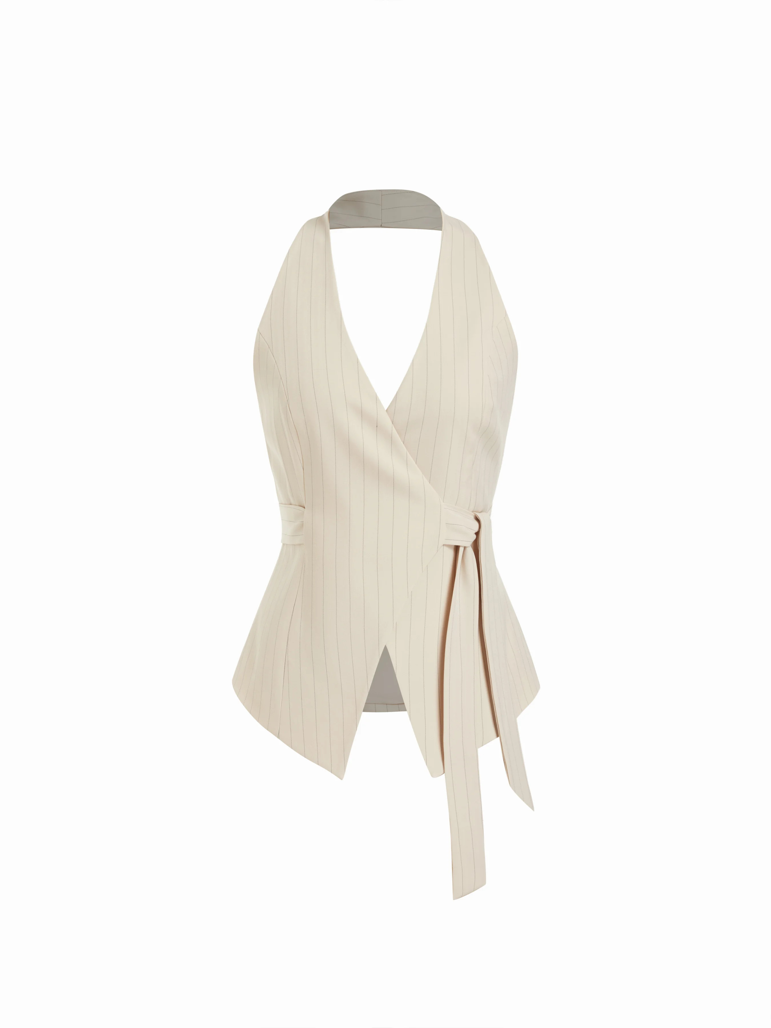 Woven Striped Halter Neckline Twist Knotted Longline Blazer Vest For Daily Casual Work | Cider