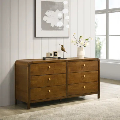 Roundhill Furniture Eldren 6-Drawer Wood Dresser with Solid Rubberwood Frame, Walnut Finish | Wayfair North America