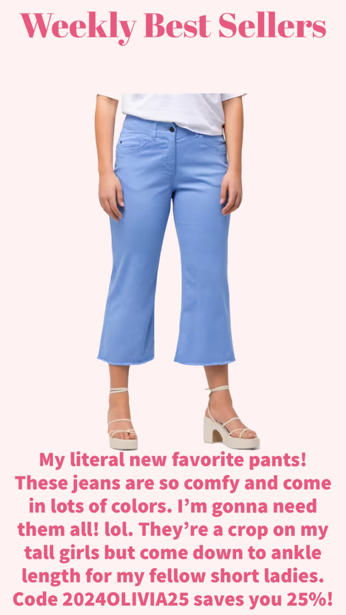 My literal new favorite pants! These jeans are so comfy and come in lots of colors. I’m gonna need them all! lol. They’re a crop on my tall girls but come down to ankle length for my fellow short ladies. Code 2024OLIVIA25 saves you 25%!

#LTKplussize #LTKfindsunder100 #LTKstyletip