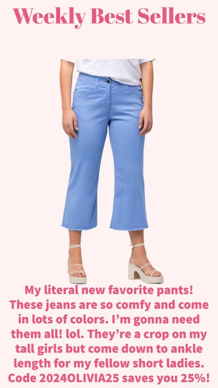 My literal new favorite pants! These jeans are so comfy and come in lots of colors. I’m gonna need them all! lol. They’re a crop on my tall girls but come down to ankle length for my fellow short ladies. Code 2024OLIVIA25 saves you 25%!

#LTKplussize #LTKfindsunder100 #LTKstyletip