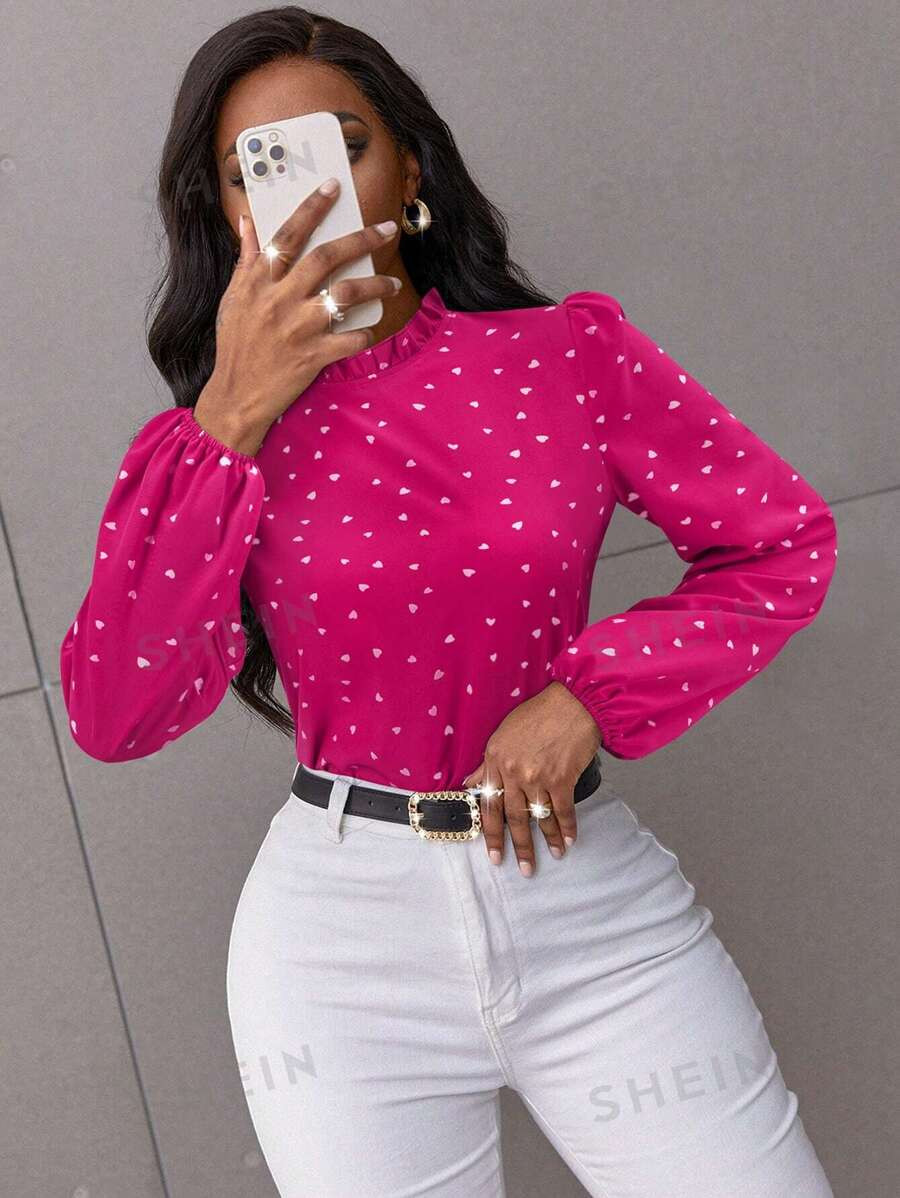 SOLERSUN Women's Heart Print Ruffled Collar Lantern Sleeve Elegant Blouse,Long Sleeve Tops | SHEIN