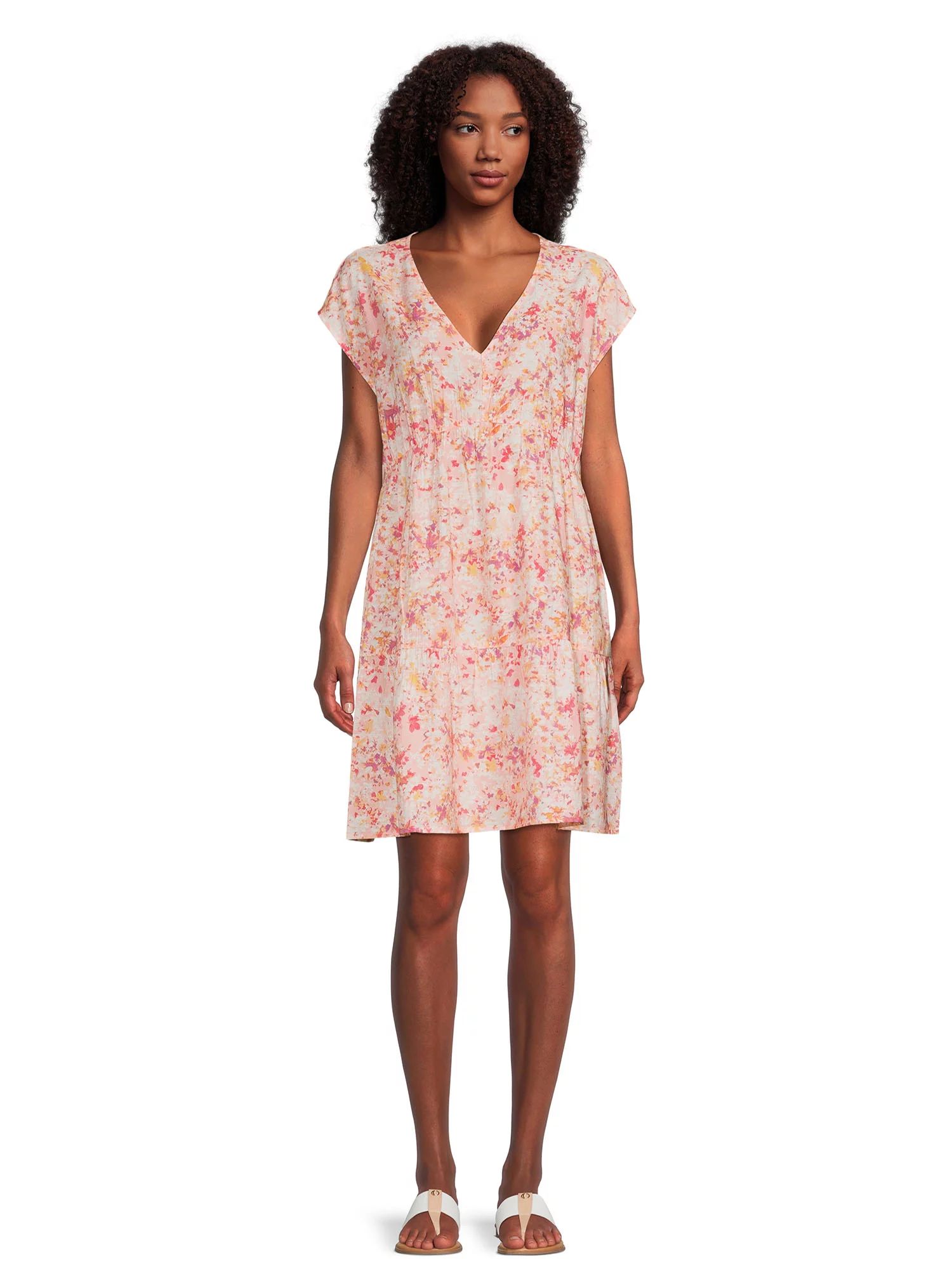 Time and Tru Women's Woven Print Dress with Flounce Hem | Walmart (US)