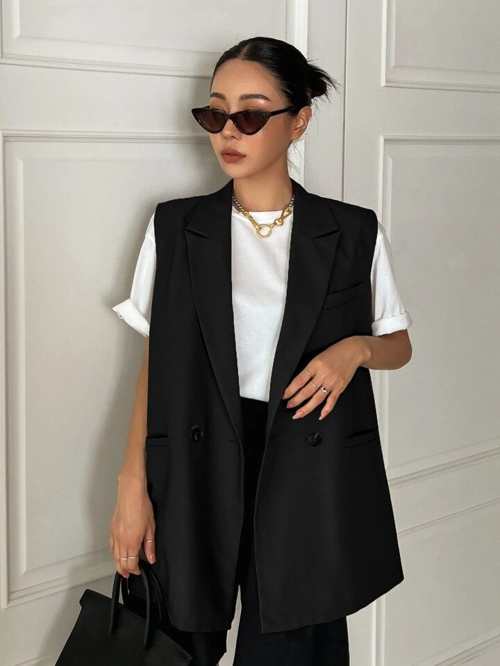 DAZY Double Button Double Pocket Vest Blazer | SHEIN