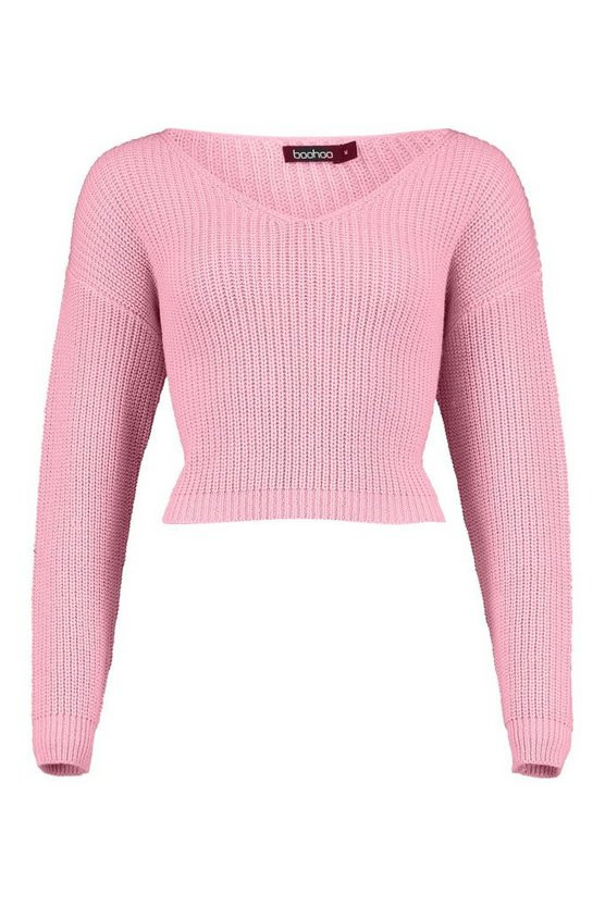Cropped Fisherman V Neck Sweater | Boohoo.com (US & CA)