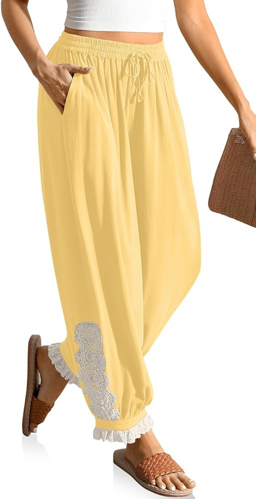 TARSE Women\u2019s Linen Harem Pants Boho Loose with Lace Trim Casual Vintage Lantern Summer Trav... | Amazon (US)