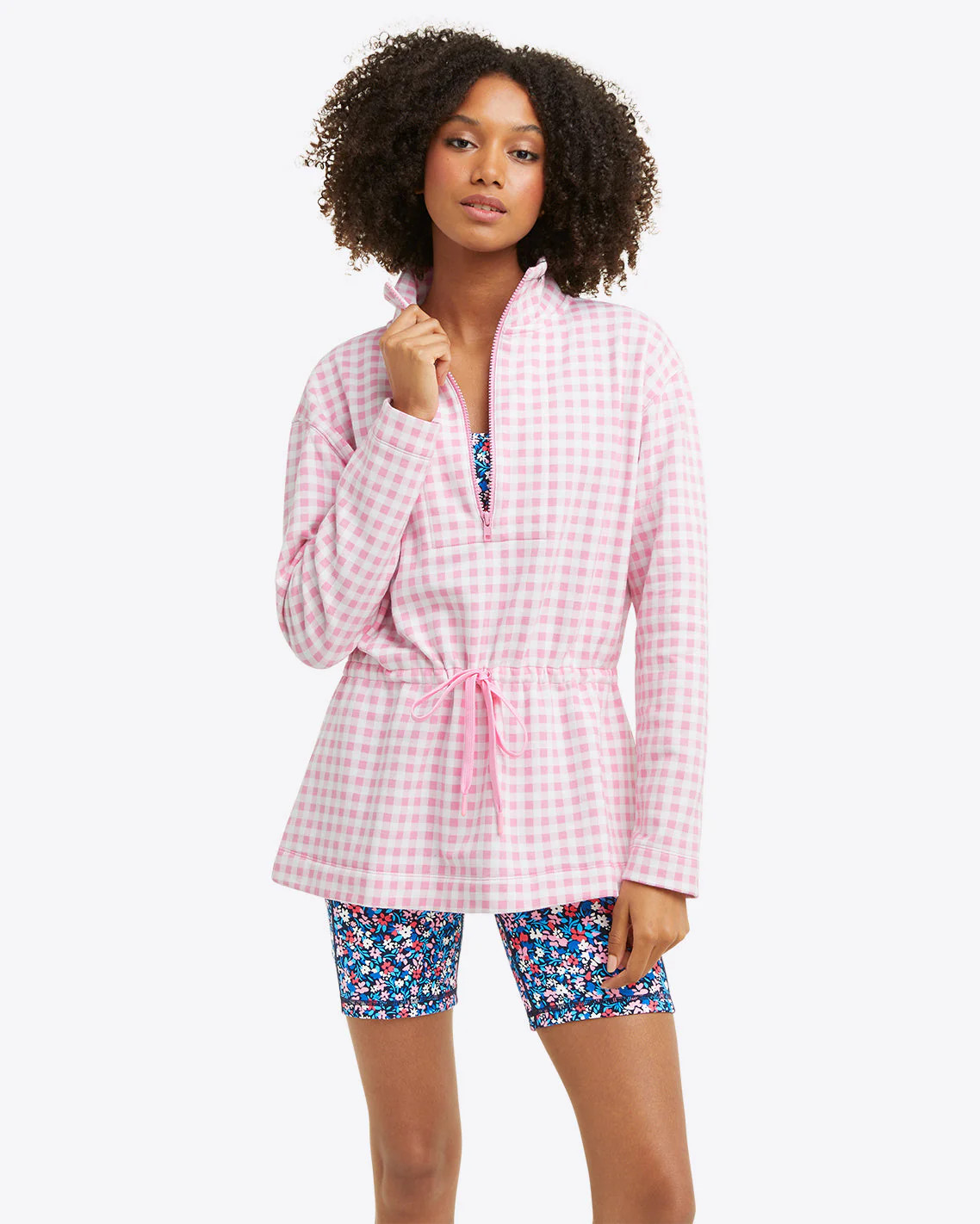 Cinch Waist Quarter-Zip in Pink Gingham | Draper James (US)