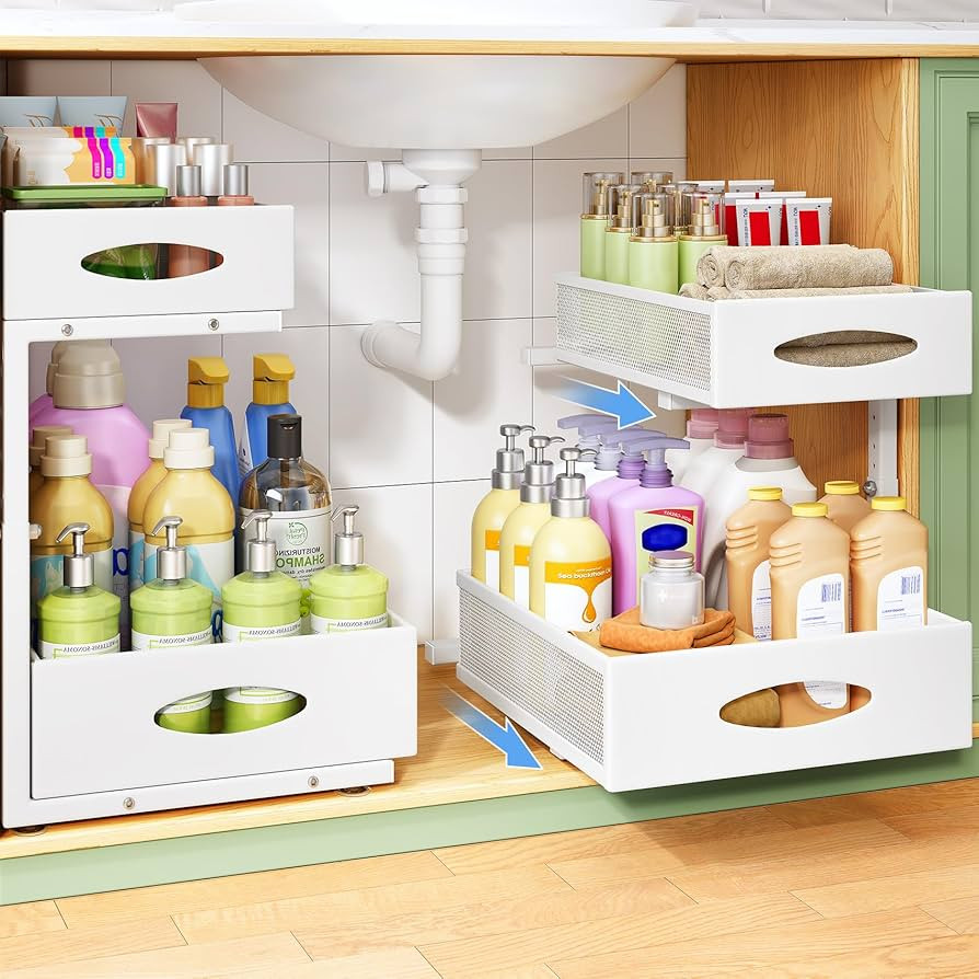 Kitstorack 2-Pack Under Sink Storage, 2 Tier Metal Pull Out Cabinet Organiser with Mesh Drawers, ... | Amazon (UK)