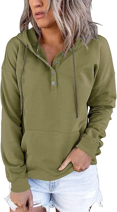 Women Hoodies Long Sleeve Pullover Botton Up Tunic Tops Casual Drawstring Lightweight Sweatshirts... | Amazon (US)