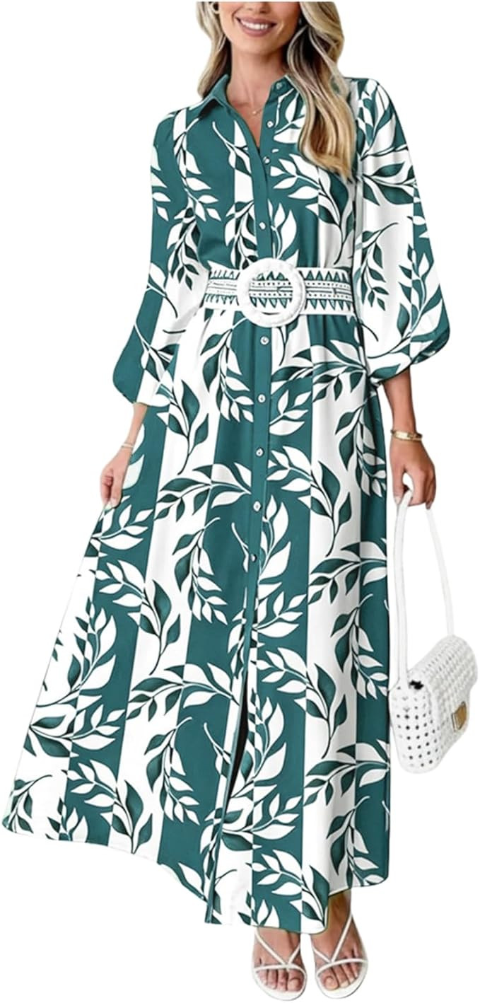 Floral Dress for Women 2026 Summer Boho Maxi Dresses Casual Long Sleeve Button Down Tie Waist Shi... | Amazon (US)