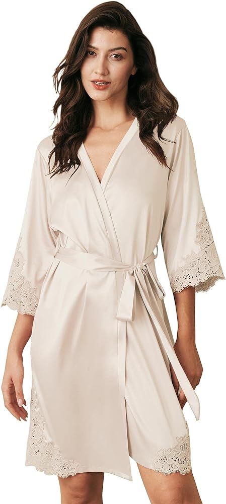 AW BRIDAL Women's Satin Robe Lace Trim Kimono Silk Robe Short Bridal Party Robes for Brides Bride... | Amazon (US)