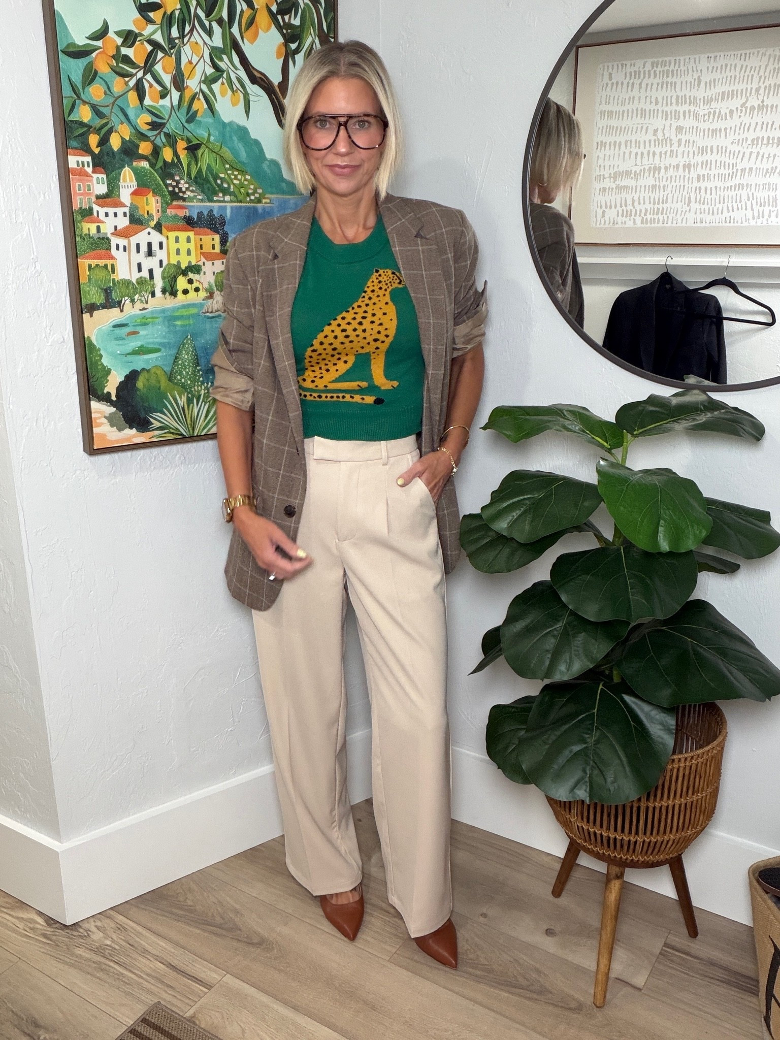 I love all the pattern mixing with this outfit! 

The top is part of a two piece set from Oxknit. I’m wearing a small. 
My trousers are from Amazon. I’m wearing an XS but feel they run a bit large. I’m usually a small. 
My blazer is older from Target, but I’ll link up some Poshmark options.

My heels are from Ally Shoes. 
Code LEEANN10 for 10% off your first purchase.

#LTKootd #LTKgrwm #LTKOver40