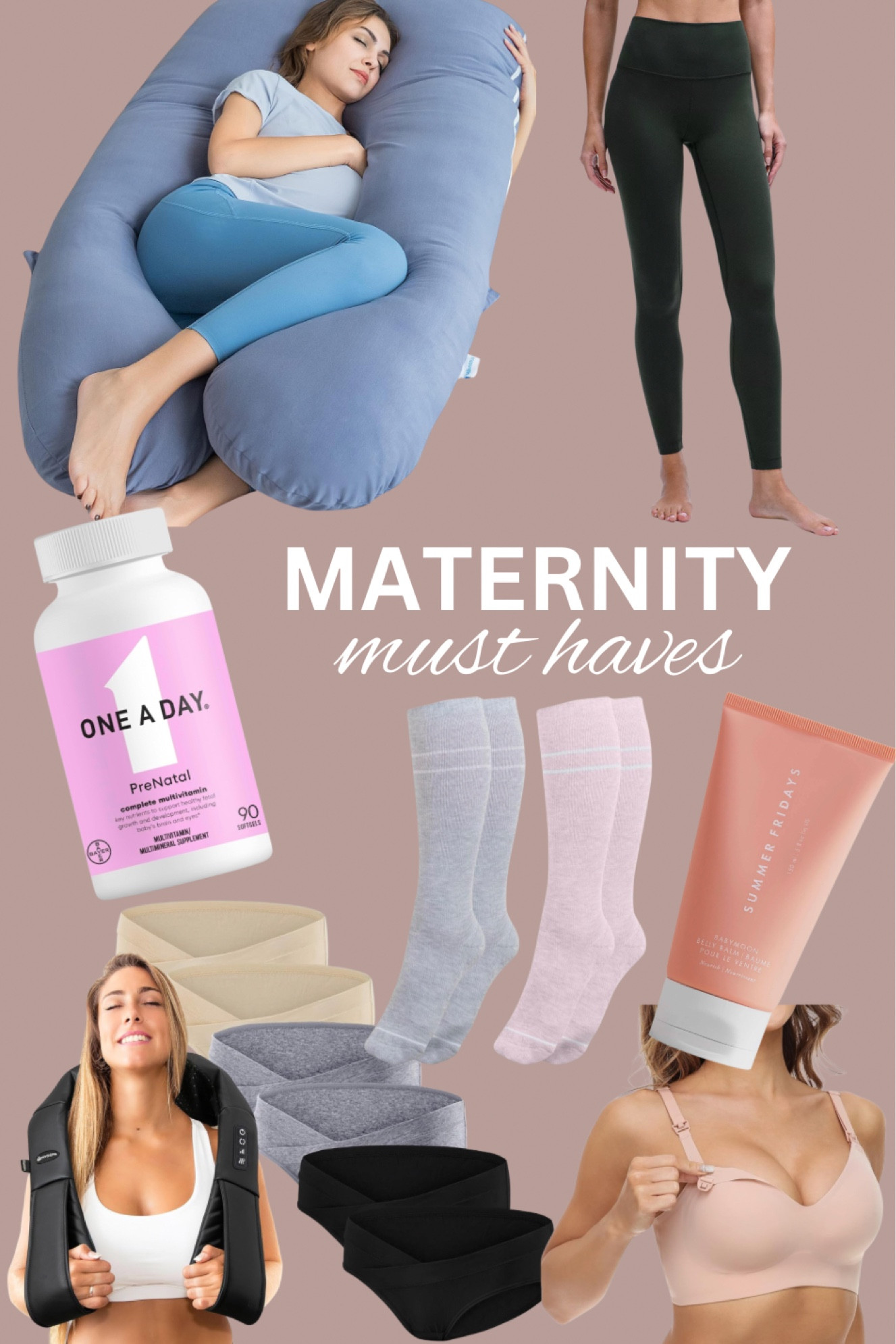 Maternity must haves. Items I’ve used daily during pregnancy. Pregnancy pillow. Align leggings. Prenatal vitamins. Belly balm. Compression socks. Neck massager. Pregnancy underwear under bump. Nursing bra.

#LTKBaby #LTKBump #LTKFamily