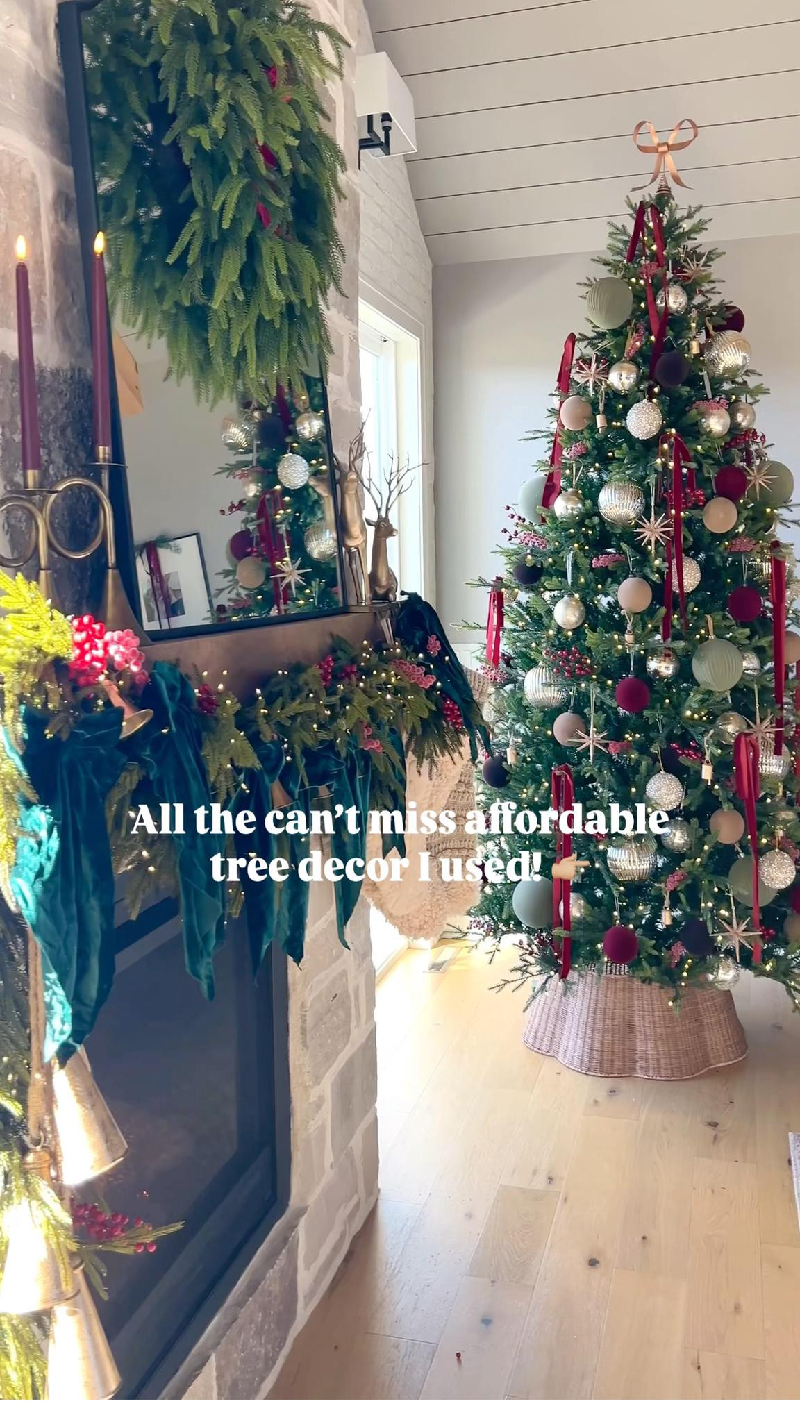 All my affordable Christmas tree decor & Christmas ornaments I used! 

Complete list of how many: 
 Large green velvet - 5 packs total

Amazon glitter Star - 10 total

Amazon mini bells - 10 total (1 pack)

Velvet burgundy - 4 packs total

Light beige velvet - 3 packs total

Chocolate brown velvet - 3 packs total

Large mercury glass - 3 packs total 

Texas house hammered - 3 packs total 

Texas house ribbed - 3 packs total 

Mercury crackle smaller - 8 total

Tinsel ornaments - 14 total 

Stems - 4 stems each (and then separated each stem into 5 picks)

Bows - 2 packs 
