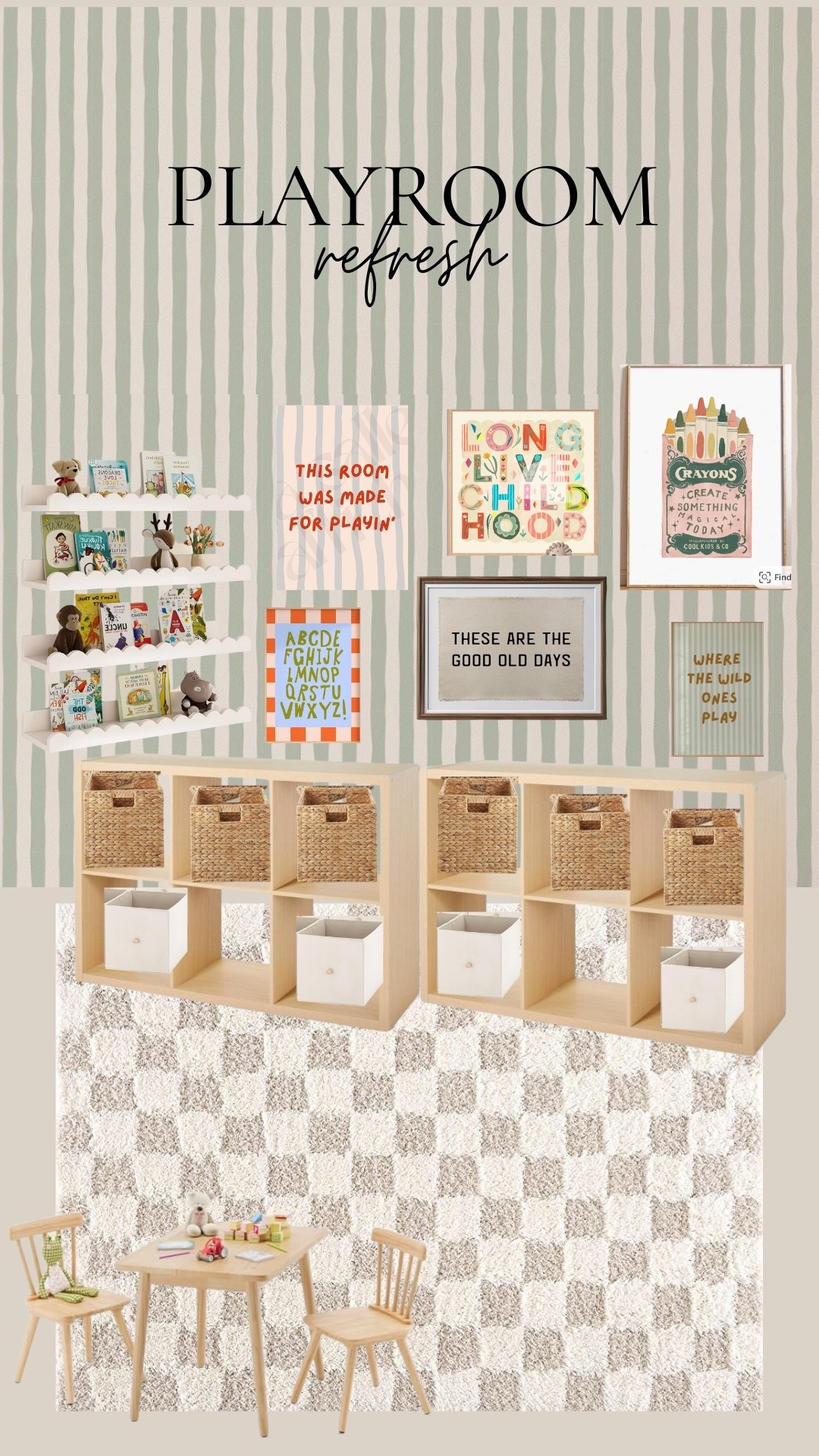 Playroom refresh- playroom art gallery wall classroom kids — storage cubes scalloped floating shelves- kids table! 

#LTKHome #LTKFamily #LTKKids