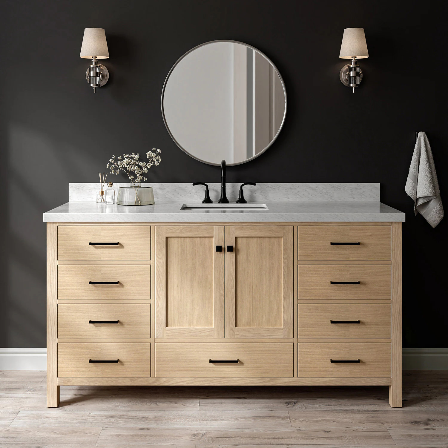 ARIEL Cambridge 66-in Oak Undermount Single Sink Bathroom Vanity with Carrara White Marble Marble Top in Brown | A067SCWRVOWOA | Lowe's