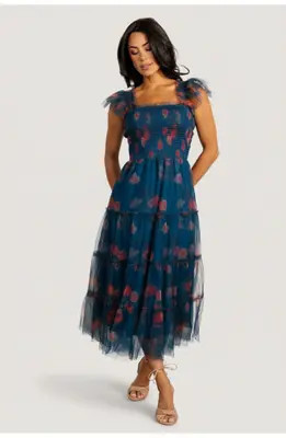 Baltic Born Clementine Tulle Midi Dress in Dusty Blue Floral at Nordstrom, Size 3X-Large | Nordstrom