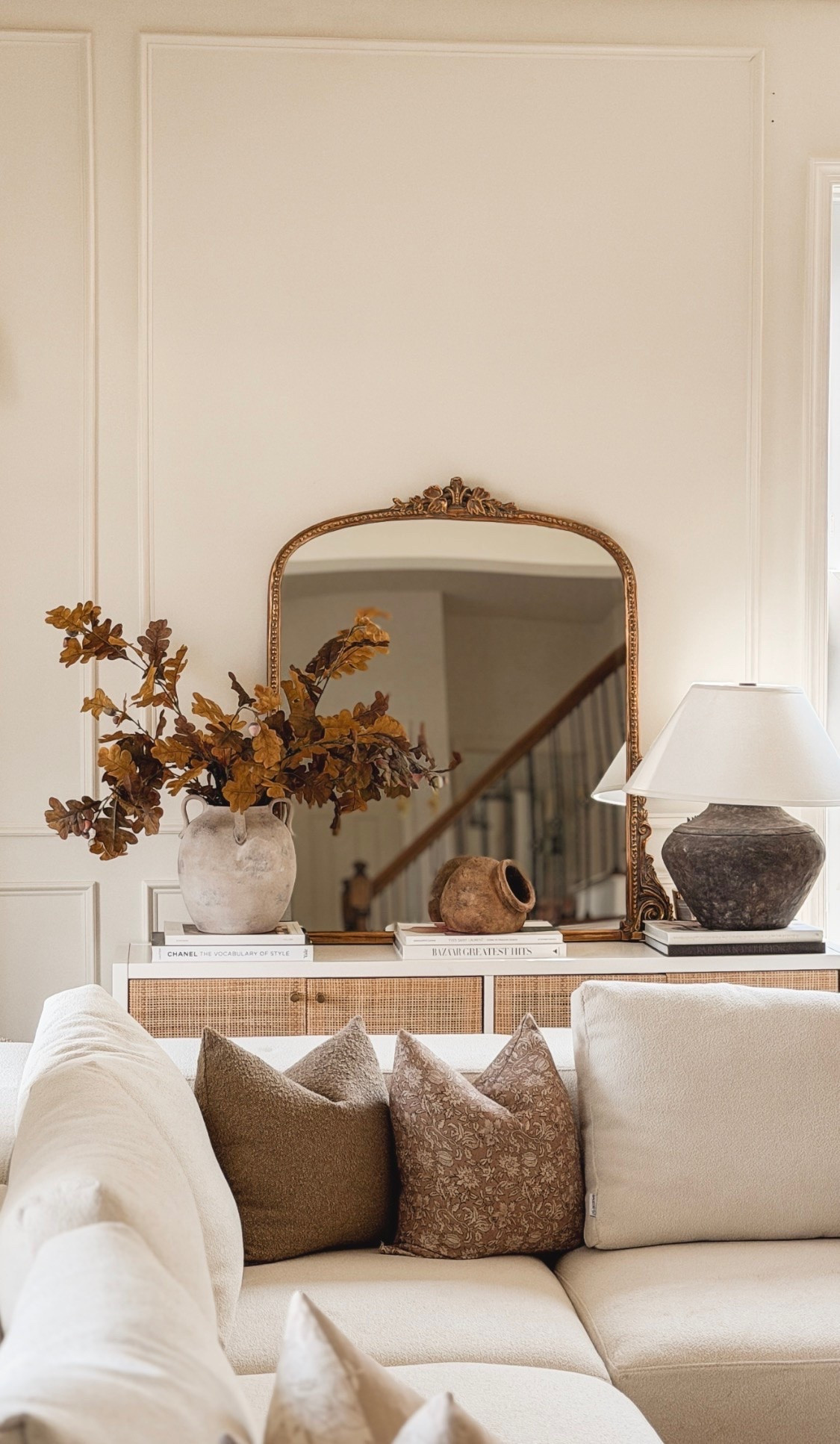 Elevated Fall Console Table Styling, anthropology mirror, oak branches