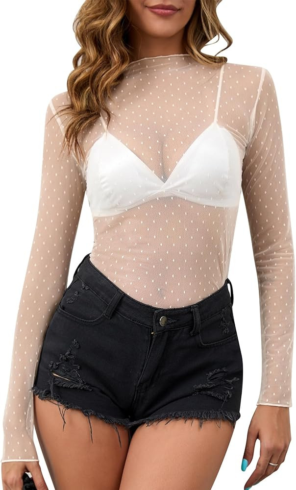 KTILG Womens Mesh Top Lace Long Sleeve Top Floral Sheer Tee Shirt Blouse Sexy See Through Tshirt ... | Amazon (US)