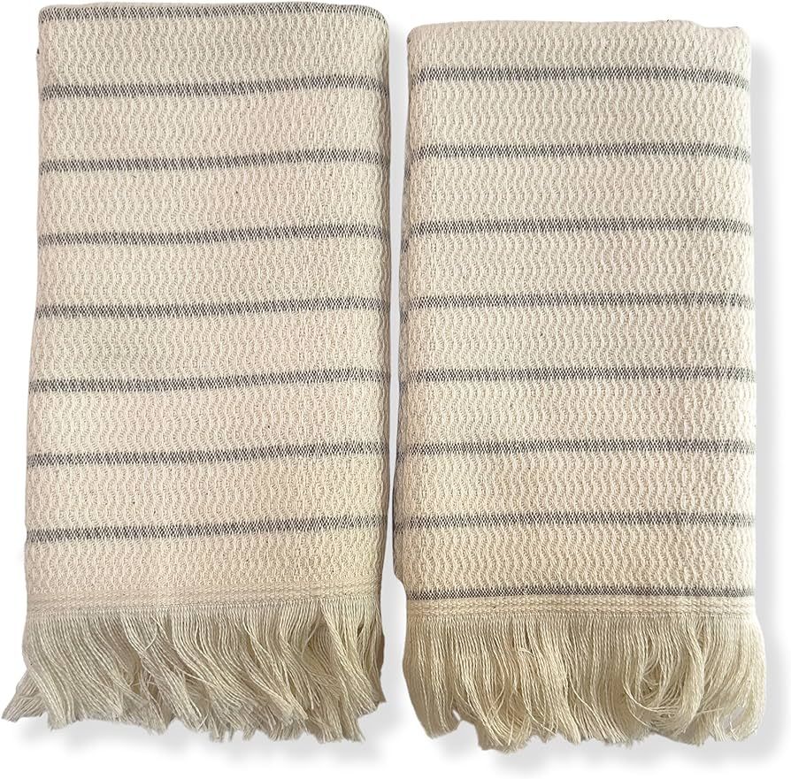 The Loomia 100% Cotton Turkish Hand Towel Set of Two (Extra Large Size, Creamish Ecru Base Grey S... | Amazon (US)