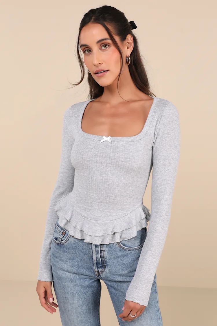 Instinctually Cute Heather Grey Ribbed Ruffled Long Sleeve Top | Lulus