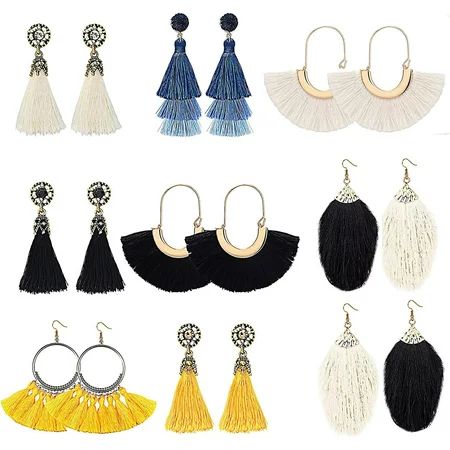 Falimottype 9 Pairs Tassel Earrings Bohemian Silky Thread Fan Fringe Tassel Earrings Set Fashion Col | Walmart (US)