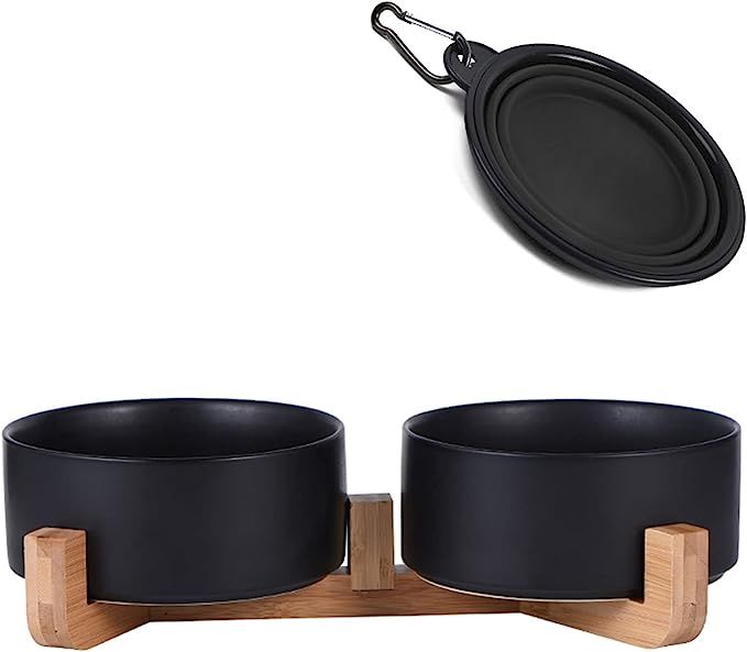 Heavy Ceramic Cat Dog Bowls Set with Wood Stand for Food and Water, Pet Food Water Dish Feeder fo... | Amazon (US)