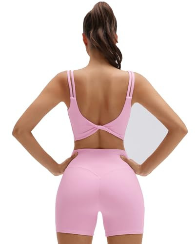 SUUKSESS Womens Workout Set Fitness Yoga Pilates Crop Tank Twist Back Cami High Waisted Tummy Control Bike Short (Pink, S) | Amazon (US)