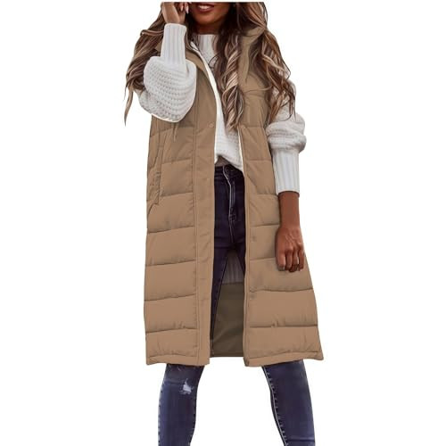 Feunu Long Puffer Vest Women Winter Warm Quilted Sleeveless Vests Button Down Zip Up Puffer Vests Jacket Outwear with Pockets | Amazon (US)