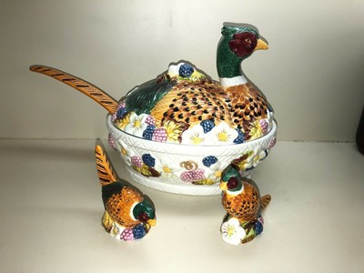pheasant soup gravy tureen & laddle, matching salt pepper | eBay US
