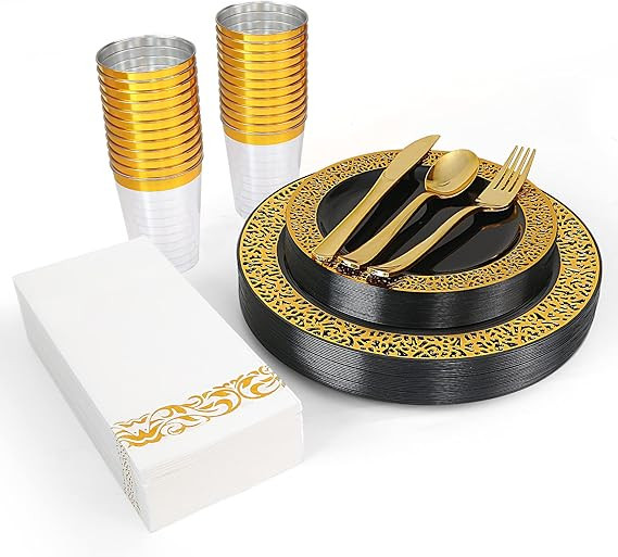 BAYZZ 175 Piece Black Gold Dinnerware Set,25 Guest Black Gold Lace Design Plastic Plates,25 Gold ... | Amazon (US)