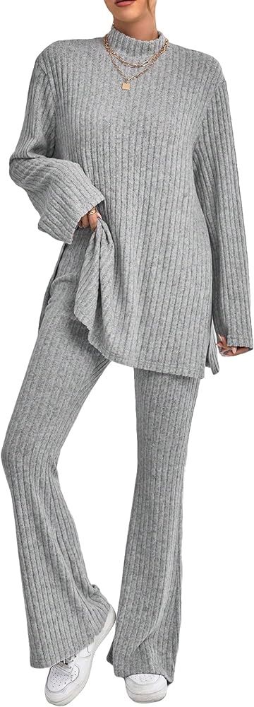 WDIRARA Women's 2 Piece Outfits Ribbed Knit Split Hem Mock Neck Tee and Flare Leg Pants Set | Amazon (US)