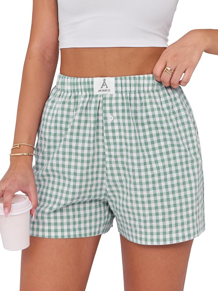 ANRABESS Boxer Shorts for Women Gingham Pajama 2025 Summer Casual Lounge Sleep Plaid Shorts Y2K B... | Amazon (US)