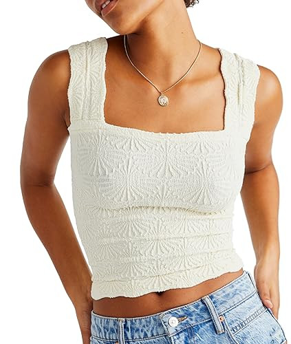 Niceyoo Tank Top for Women Going Out Tops Free People Doop Square Neck Crop Tops Flower Embroidery Cami Tops Beige, XS/S | Amazon (US)