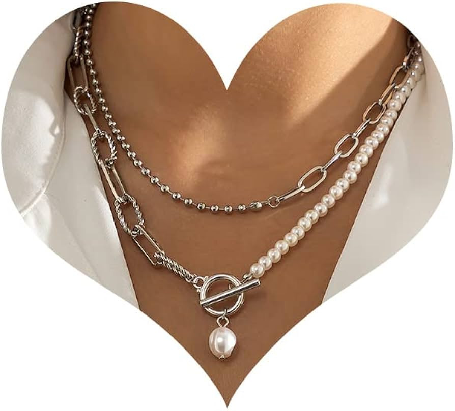 Bethynas Dainty Silver Layered Baroque Pearl OT Clasp Necklace Stacking Beaded Ball Chain Papercl... | Amazon (US)