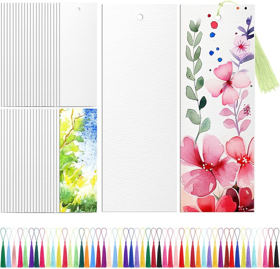 Skyygemm 100 Pcs Watercolor Paper Blank Bookmarks with Colorful Tassels DIY Book Marks Kit Cotton... | Amazon (US)