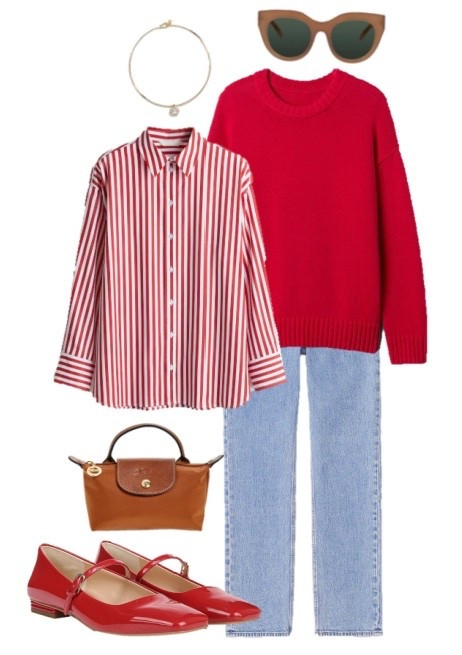 Parisian preppy spring outfit 
Red sweater 
Red Mary Jane ballet flats 
Red and white striped button up shirt 
Mini longchamp 

#LTKSeasonal