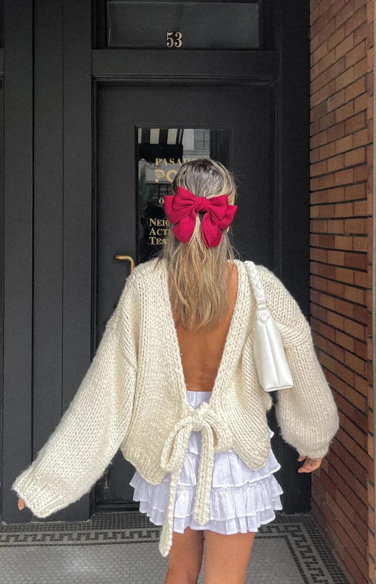 Holiday Cream Tie Up Knit Cardigan | Beginning Boutique (US)