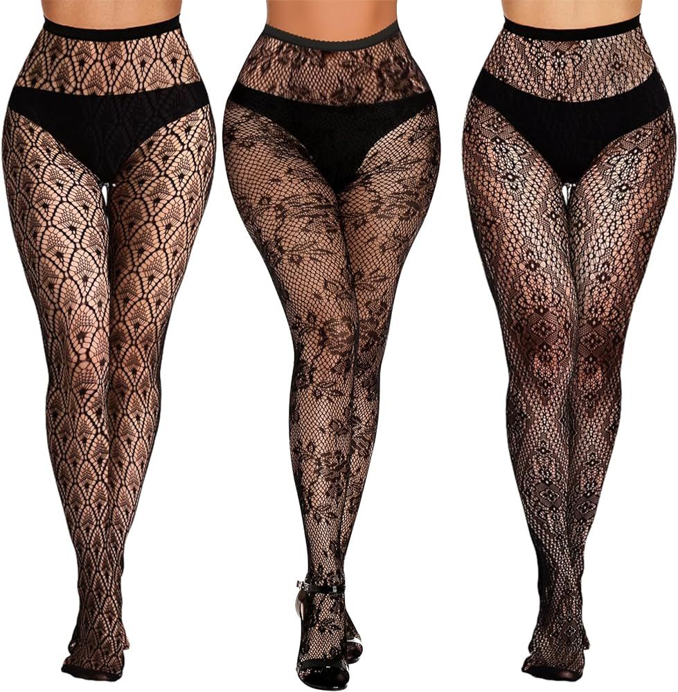 Buauty 3 Pcs Lace Patterned Fishnet Tights for Women Black Fishnets Leggings Lace Tights | Amazon (US)