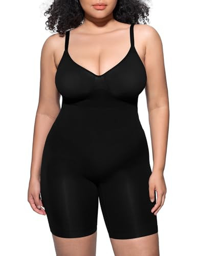 PUMIEY Shapewear Bodysuit for Women Tummy Control V-Neck With Open Gusset Sculpting Bodysuit Mid Thigh Butt Lifter, Jet Black, XX-Small-X-Small | Amazon (US)