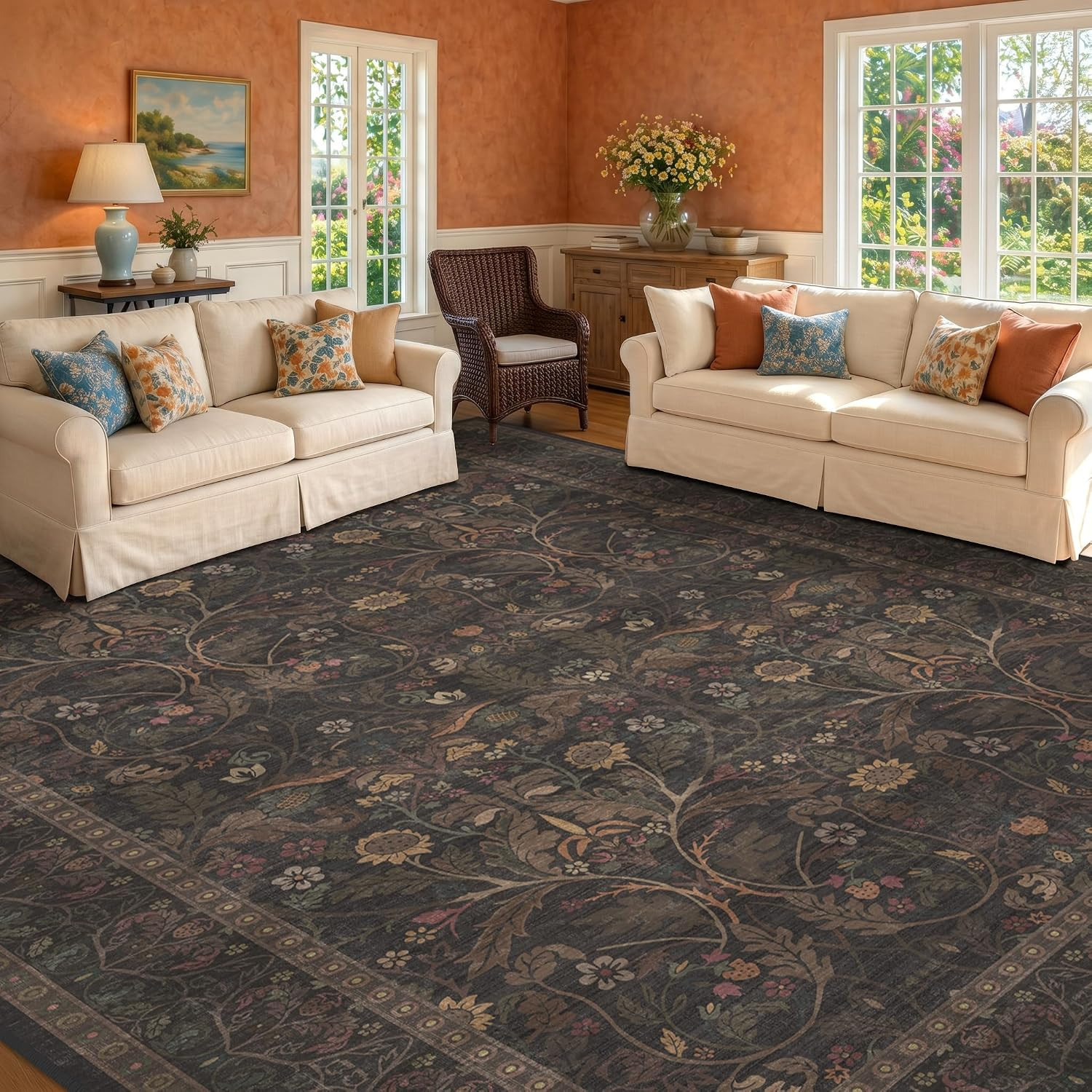 Washable 8x10 Area Rugs for Living Room, Black and Brown Halloween Rug for Bedroom Dining Room, Moody Floral Farmhouse Western Style Decor, Large Gold Southwest Non Slip Low Pile Carpet (Dark Brown) | Amazon (US)