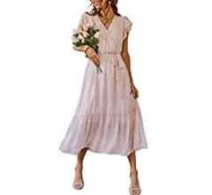 PRETTYGARDEN Women's 2023 Floral Summer Dress Wrap V Neck Short Sleeve Belted Ruffle Hem A-Line B... | Amazon (US)