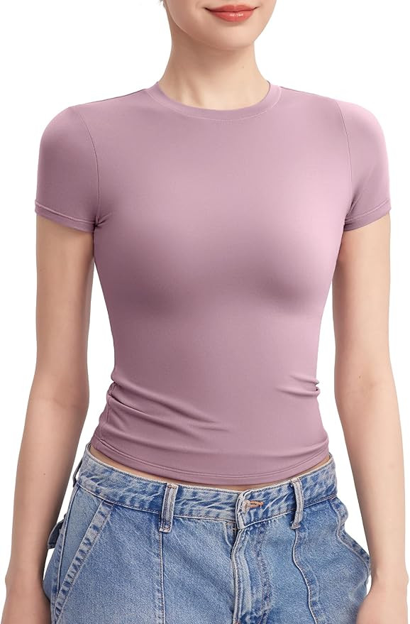 PUMIEY Women's Crew Neck Short Sleeve Tops Double Lined Slim Fit T Shirts Basic Tee Smoke Cloud P... | Amazon (US)